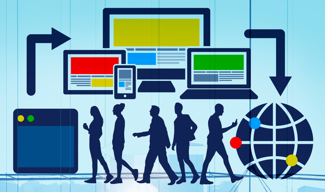 A learning system diagram digital devices and arrows show flow between them.