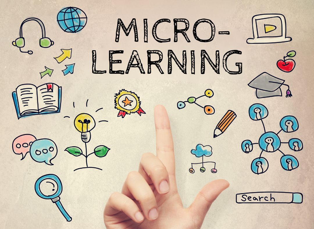 Illustration of a hand pointing to various cartoon icons for online micro learning such as a computer screen, headphones, globe.