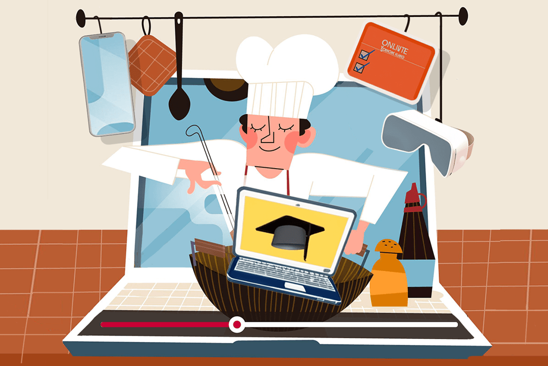 A chef in the kitchen cooking up an online learning course.